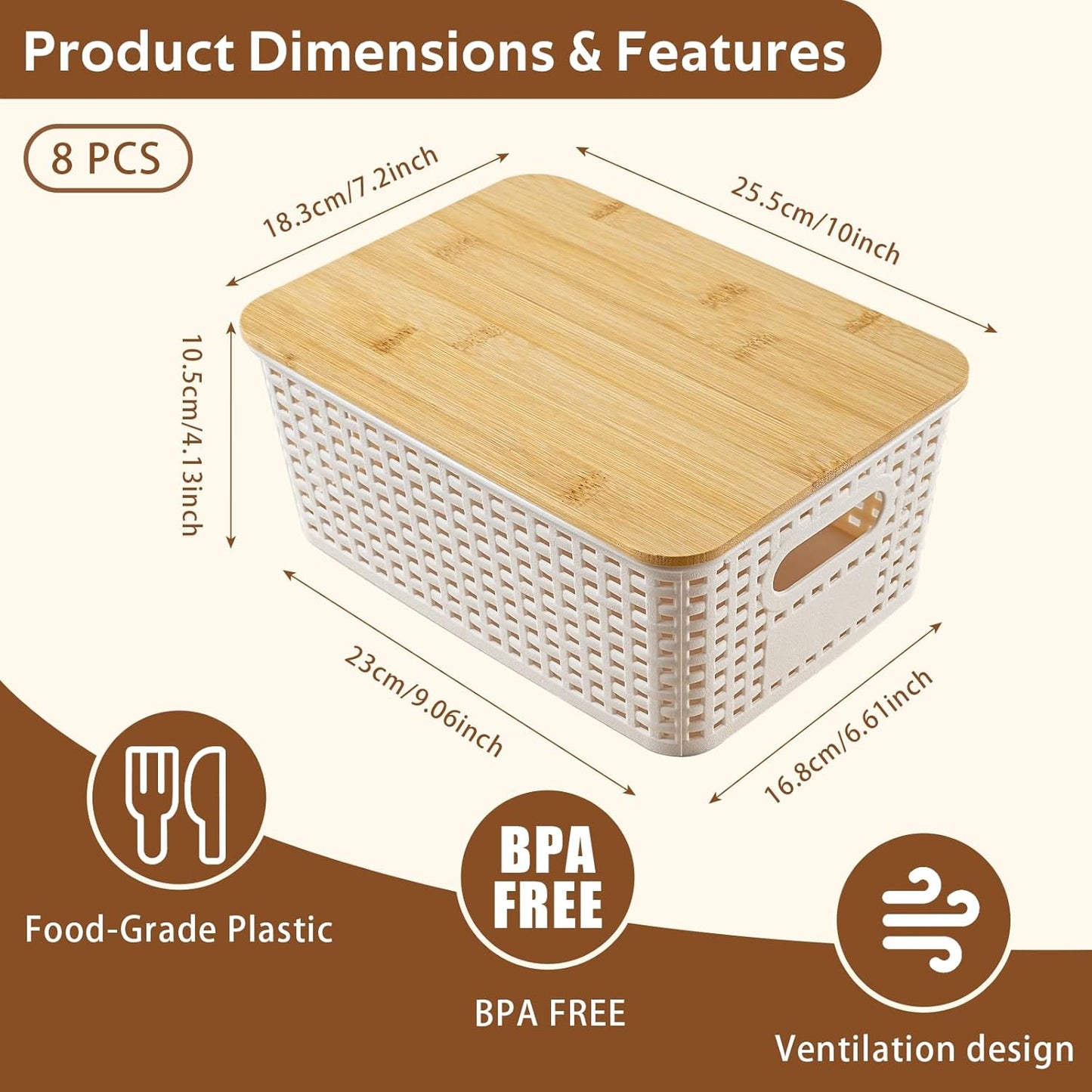 8 Pack Plastic Storage Bins with Bamboo Lids