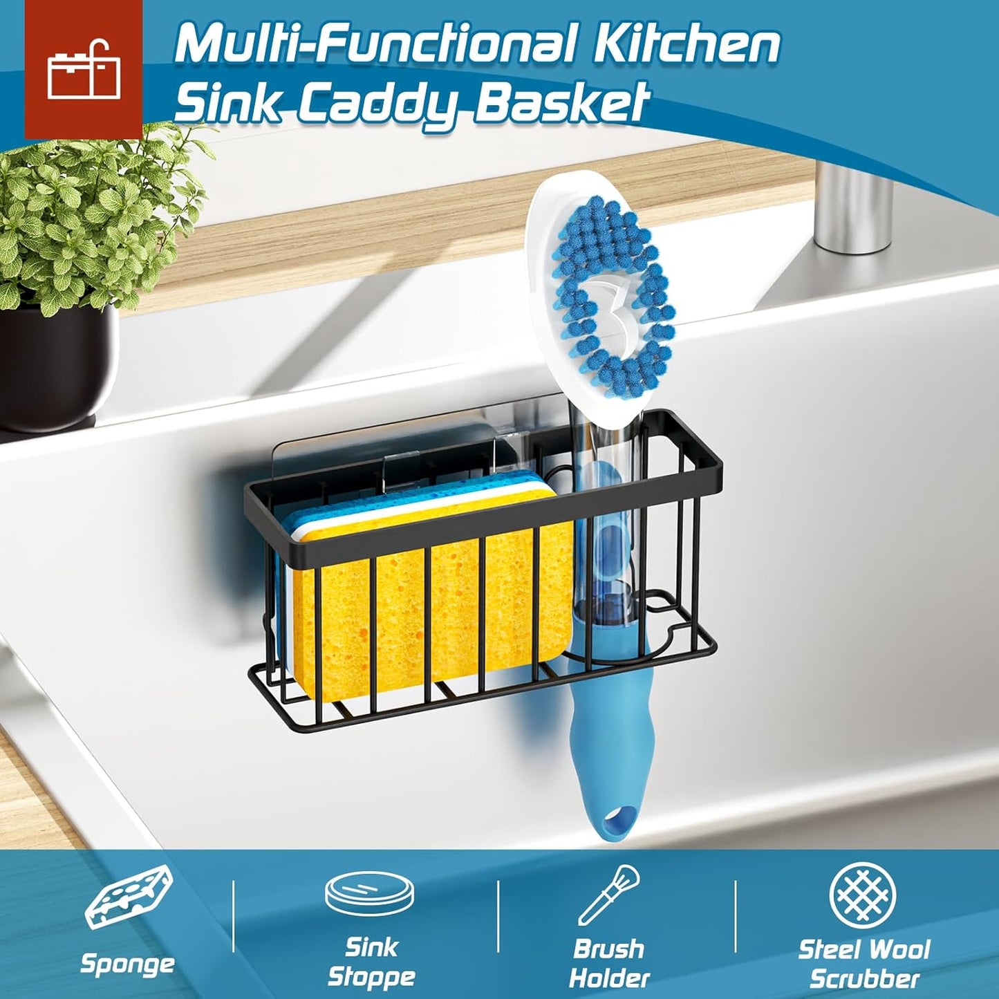 Sponge Holder for Kitchen Sink,Sink Caddy Organizer with Suction Cups/Adhesive Strips,Dish Sponge Holder Design for Sponges,Scrubber,Stoppers-Black