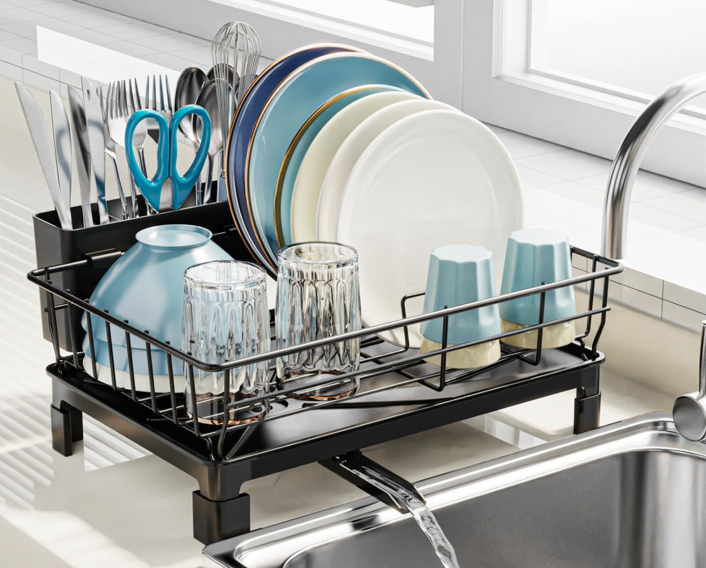 Small Dish Drying Rack for Kitchen Counter with Drainboard - Compact Dish Drainer for RV
