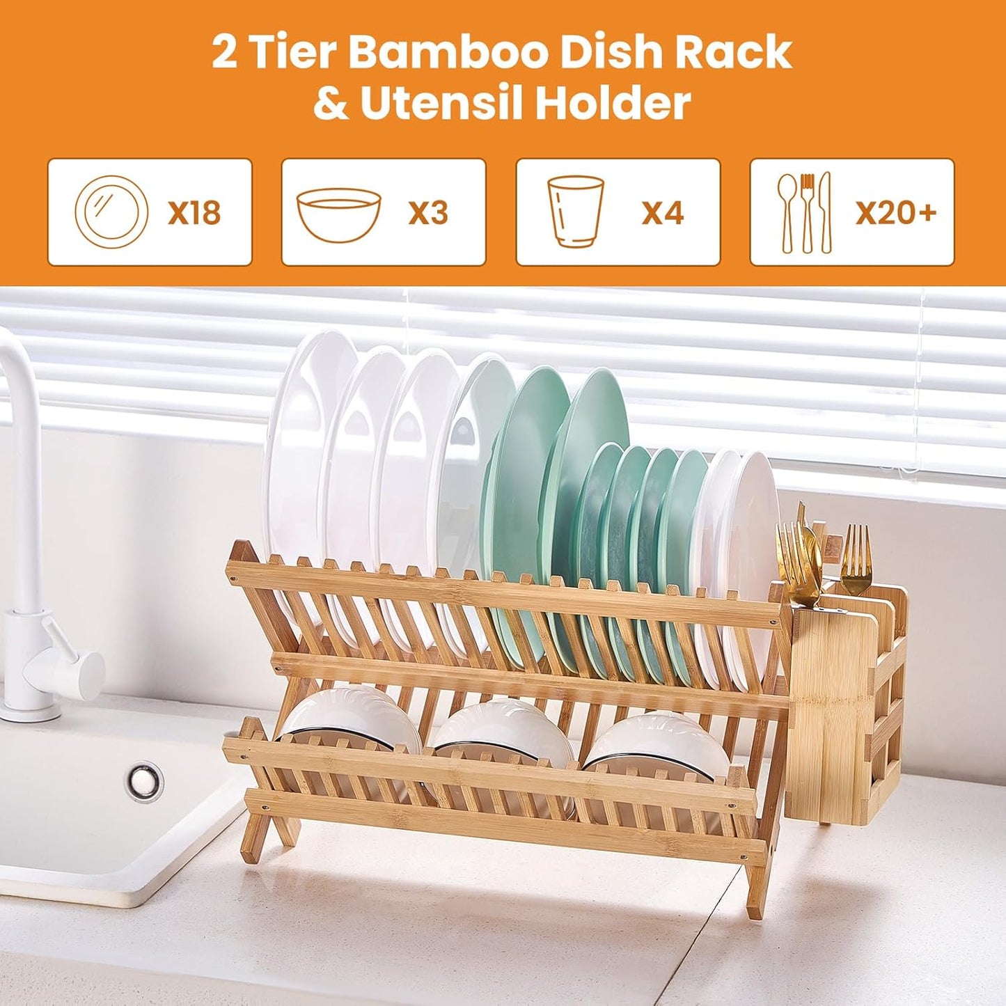 Bamboo Dish Drying Rack, 2 Tier Collapsible Dish Rack with Utensil Holder