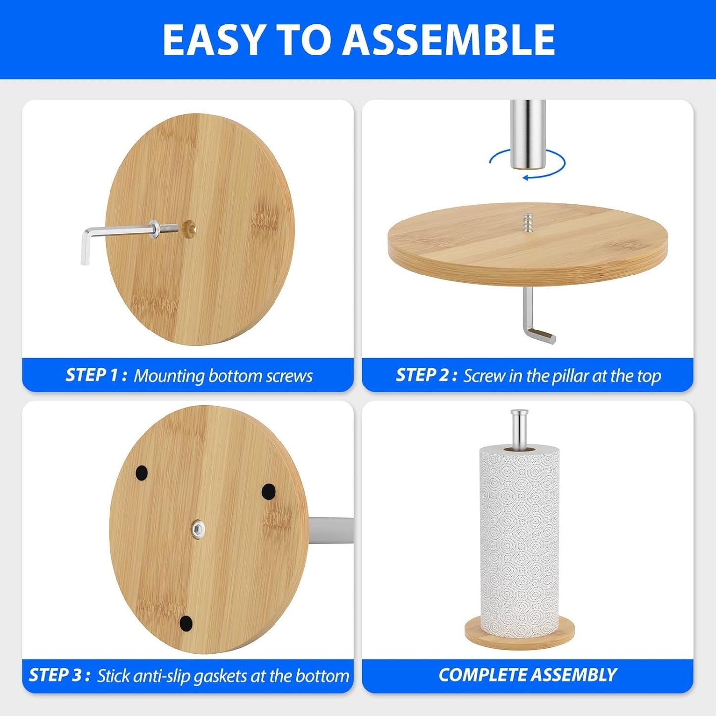 Wooden Paper Towel Holder Countertop, Sliver, Non-Slip Base, Stainless Steel, FreeStanding