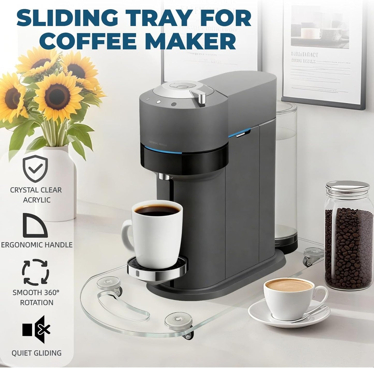 BiJun 360° Rolling Sliding Tray for Coffee Maker, Clear Acrylic Appliance Sliders for Kitchen Appliances, Coffee Pot Slider Tray for Countertop Appliances, Espresso Machines, Blenders (7.4"×14")