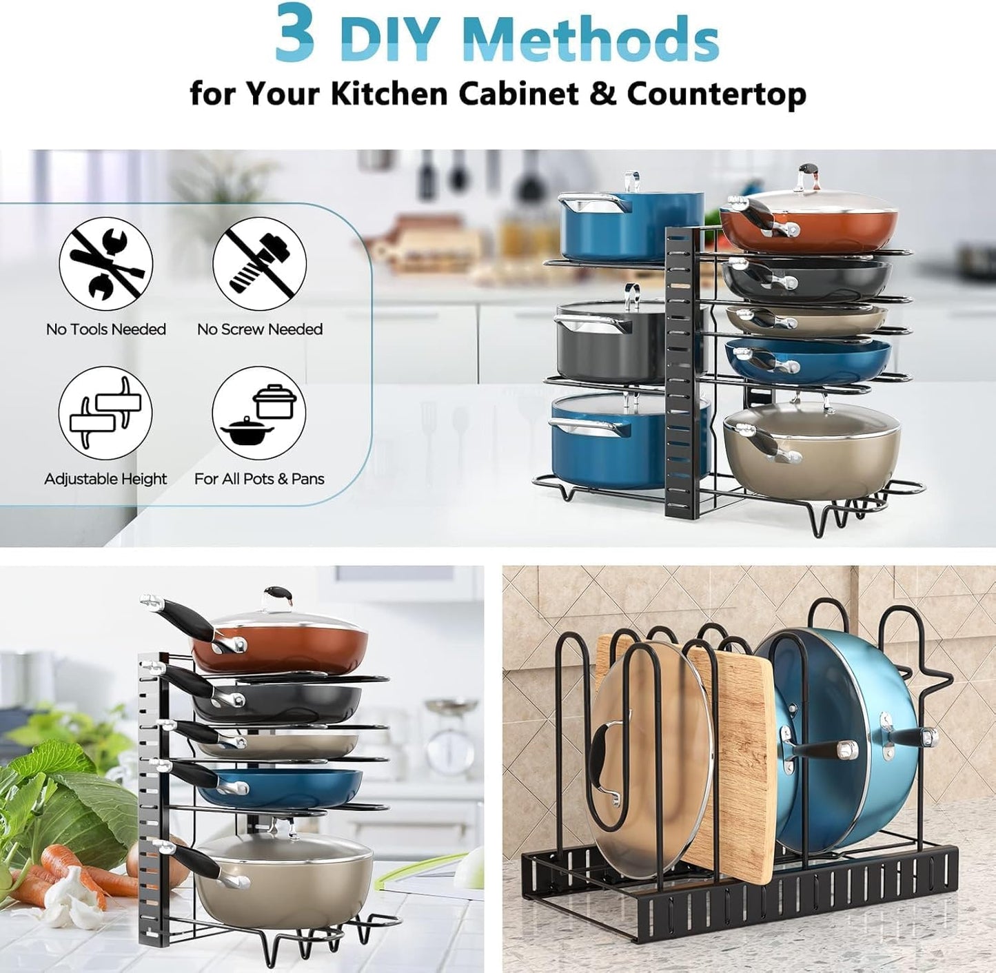 Pots and Pans Organizer for Cabinet 16.61 Height, 8 Tier Pot Organizers Rack with 3 DIY Methods