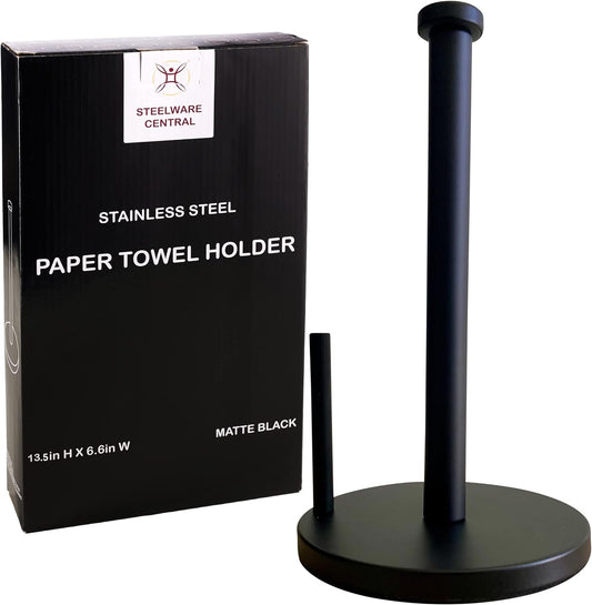 Black Paper Towel Holder Countertop Stainless Steel Paper Towel Stand with Weighted Non-Slip Base One-Handed Tear, Rust-Resistant Kitchen Roll Holder, Standard, Jumbo & Large Rolls