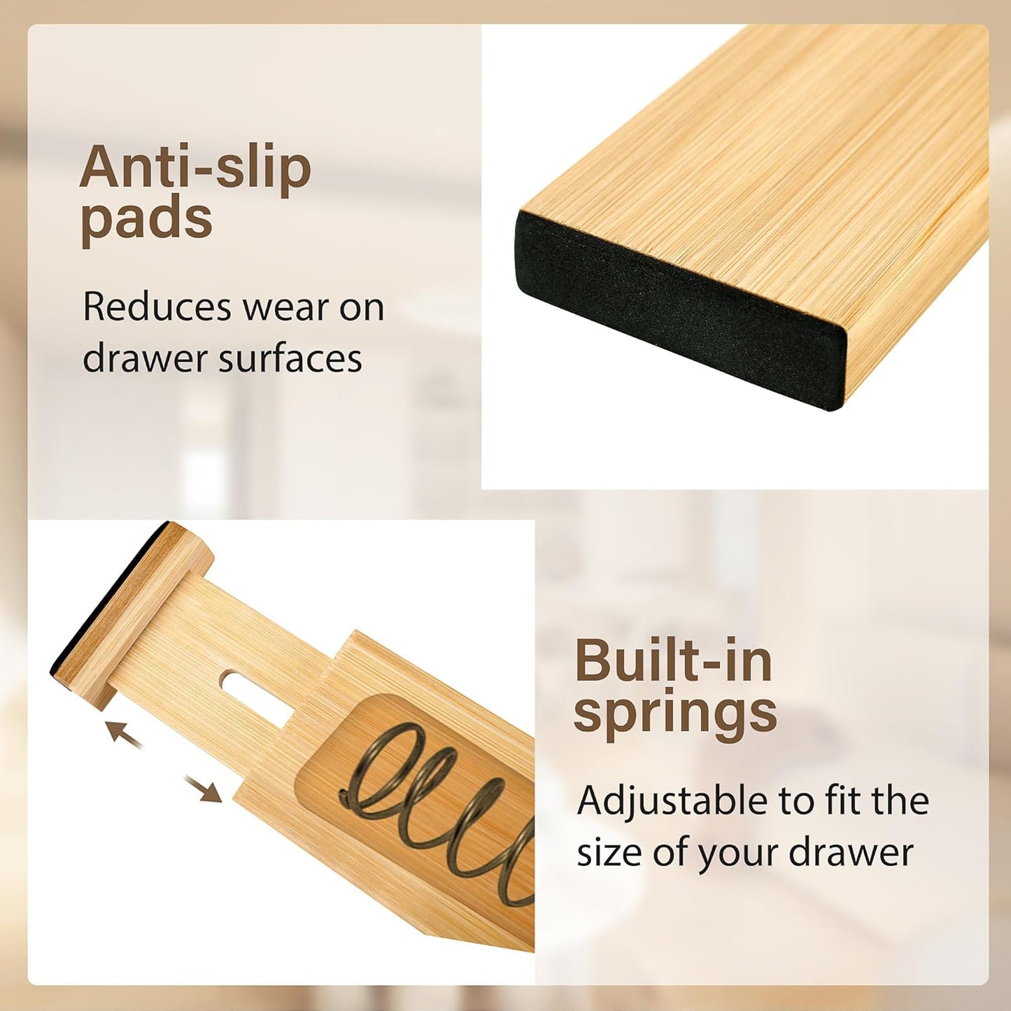 Bamboo Drawer Divider Set of 4, Adjustable Spring-Loaded Drawer Organizer (16.9"-22.2")