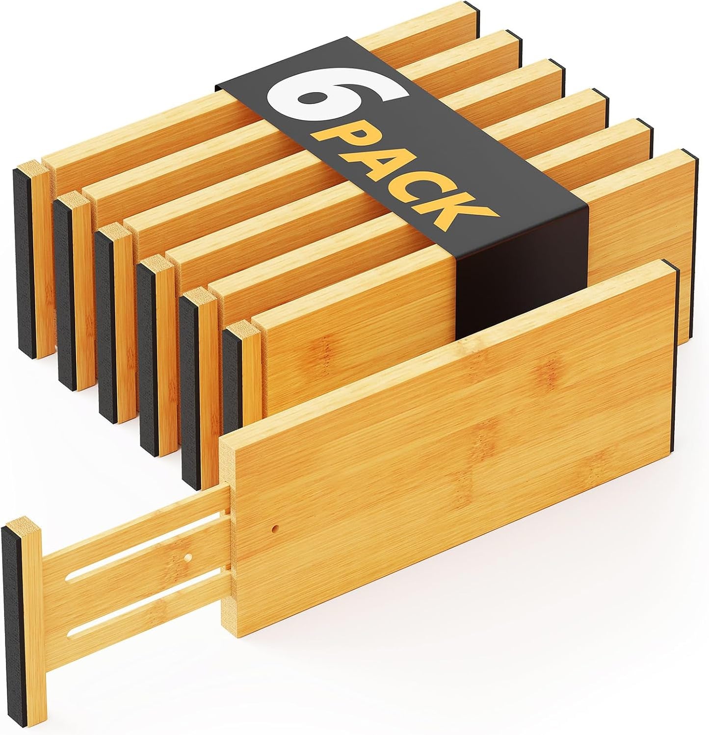 Bamboo Dresser Drawer Dividers 6 Pack, 4.65“ High Adjustable 12.5“-17” Drawer Organizers