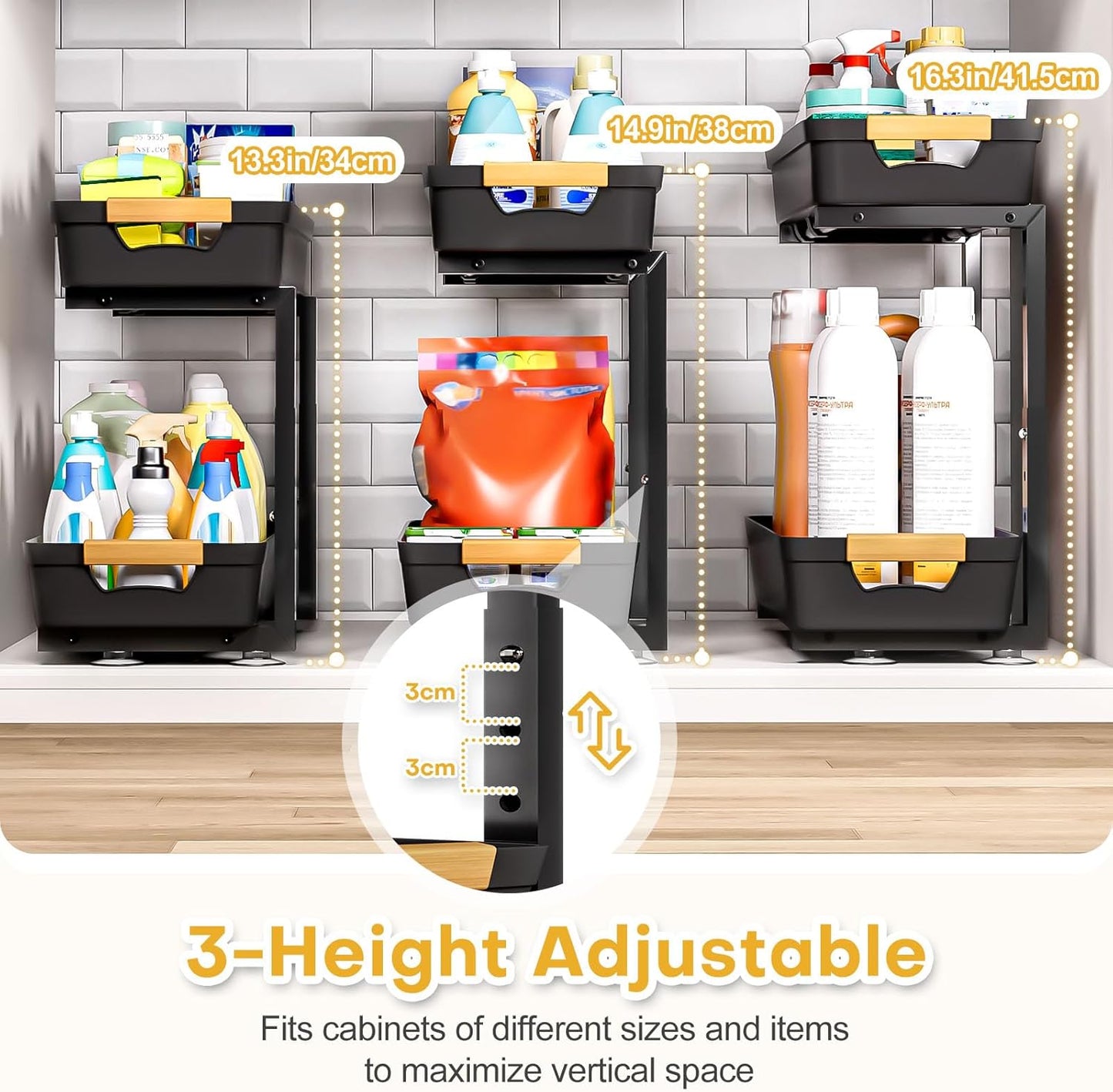 2-Tier Under Sink Organizer: 2pcs Set Adjustable Pull Out Drawer Undersink Cabinet Storage Rack for Home Kitchen Bathroom