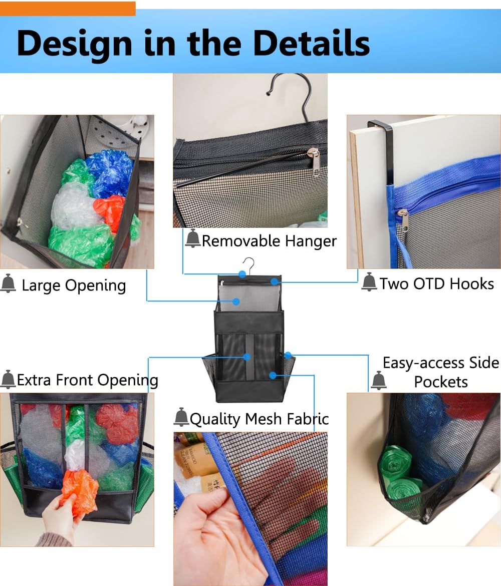 Hanging Plastic Grocery Bag Holder and Dispenser,Mesh Over the Cabinet Door Organizer with Easy-Access Openings for Kitchen Towel,Bras,Laundry,Installation Free(Black, 21.7"H * 11.8"W * 5.9"D)