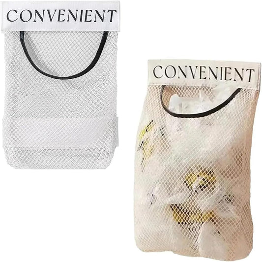 2 Pack Trash Bag Holder Dispenser Sticky Wall Mount Mesh Convenient Storage Organizer for Home Kitchen Grocery Plastic Shopping Garbage Bags Reusable Produce Tote Bag