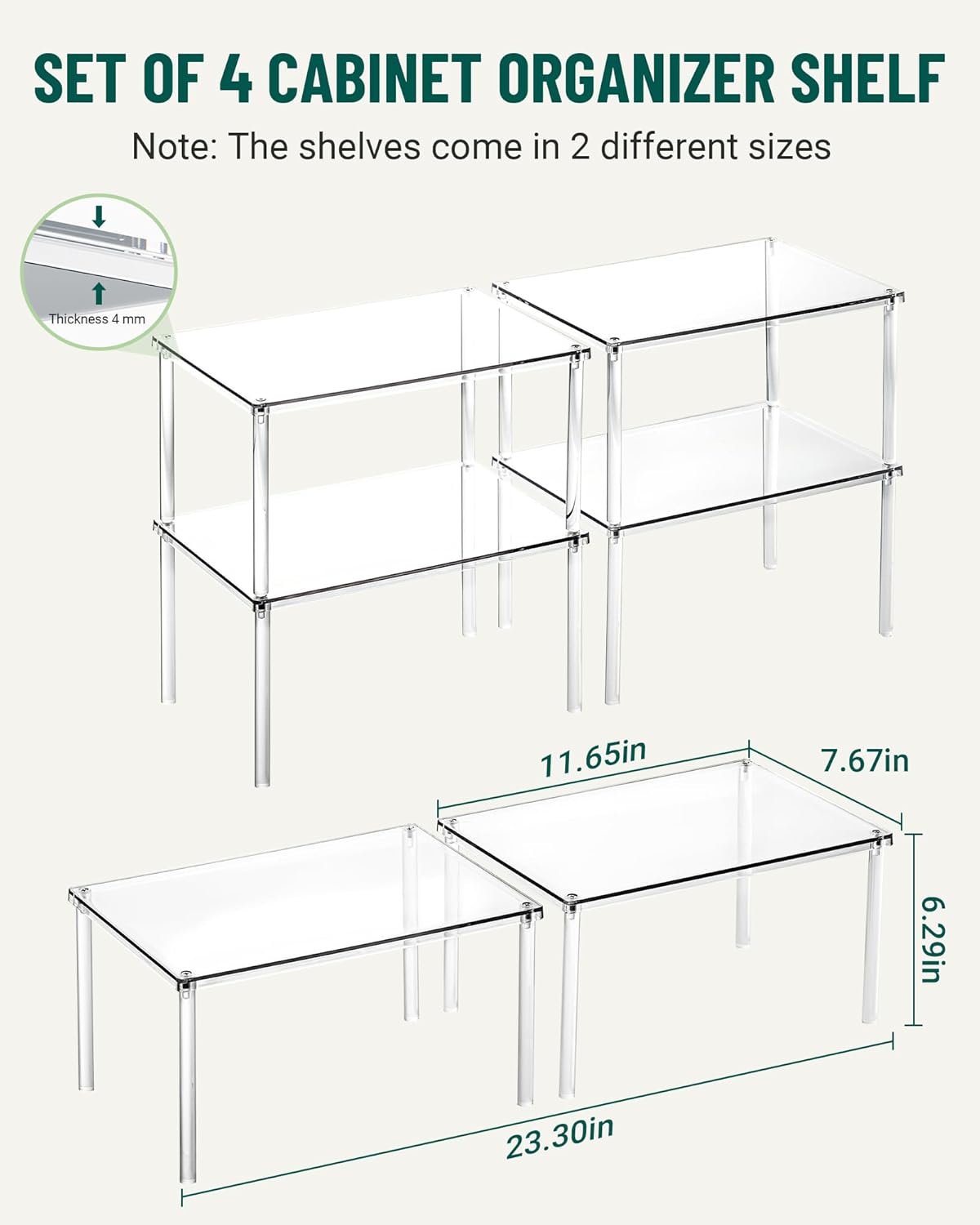 Acrylic Cabinet Organizer, Set of 4 Spice Rack Organizer for Cabinet