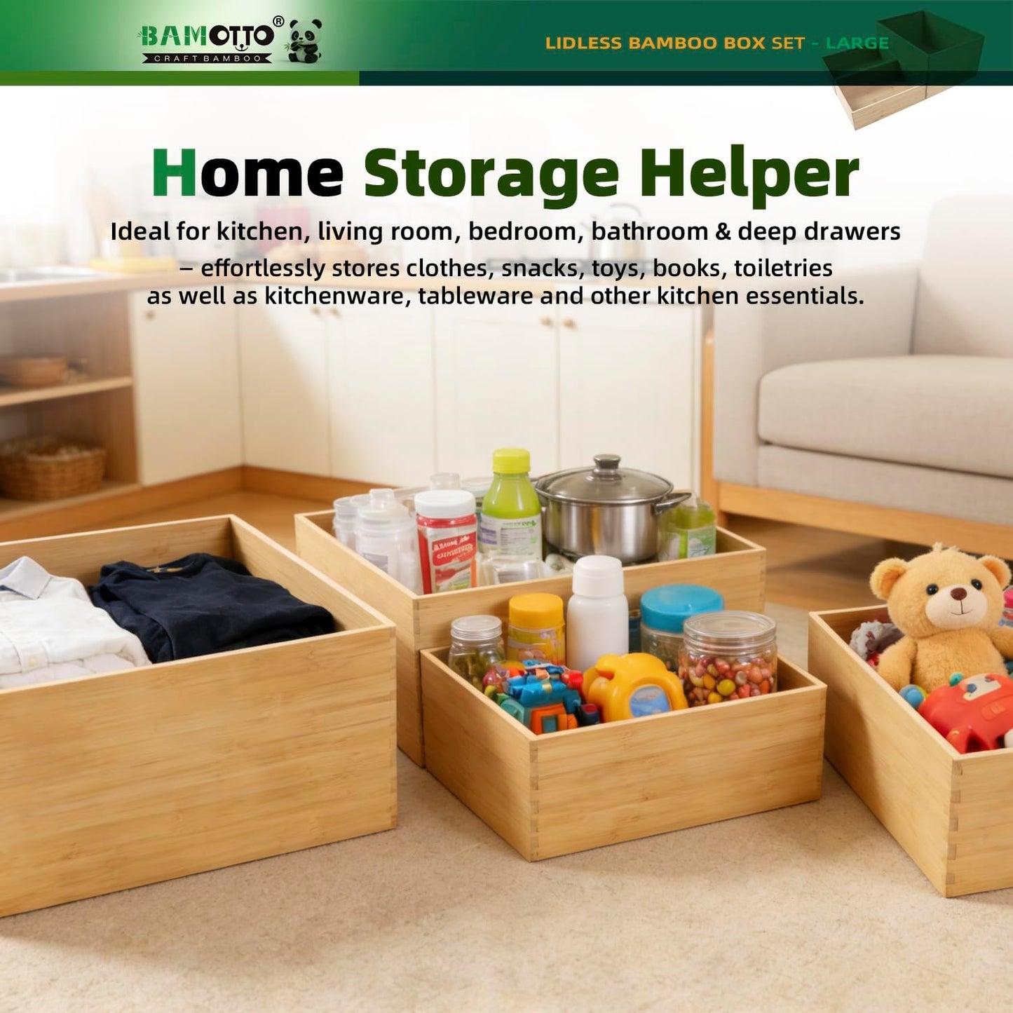 3-Piece Large Bamboo Storage Box Set - 7.1in High Stackable Deep-Drawer Organizer