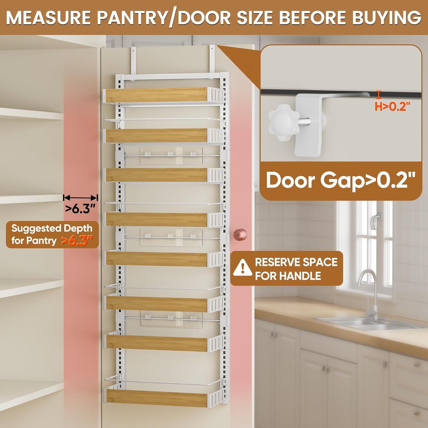 8 Tier Over The Door Pantry Organizer, 2 IN 1 Wall Mount or Hanging Spice Rack Seasoning Shelves with Adjustable Basket, Back of Door Organizer and Storage for Kitchen Cabinet and Room Closet