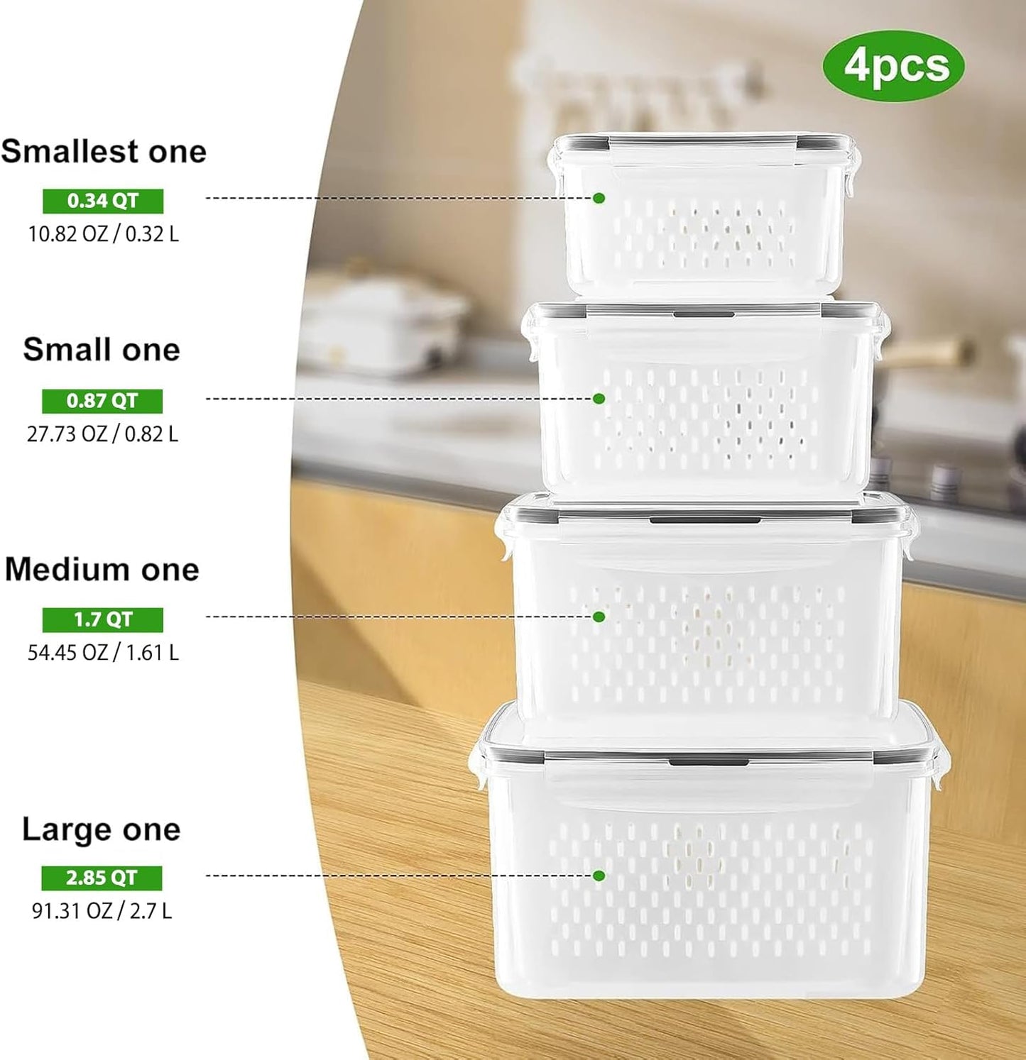 Fruit Storage Containers for Fridge with Removable Colander, Airtight Food Storage Container