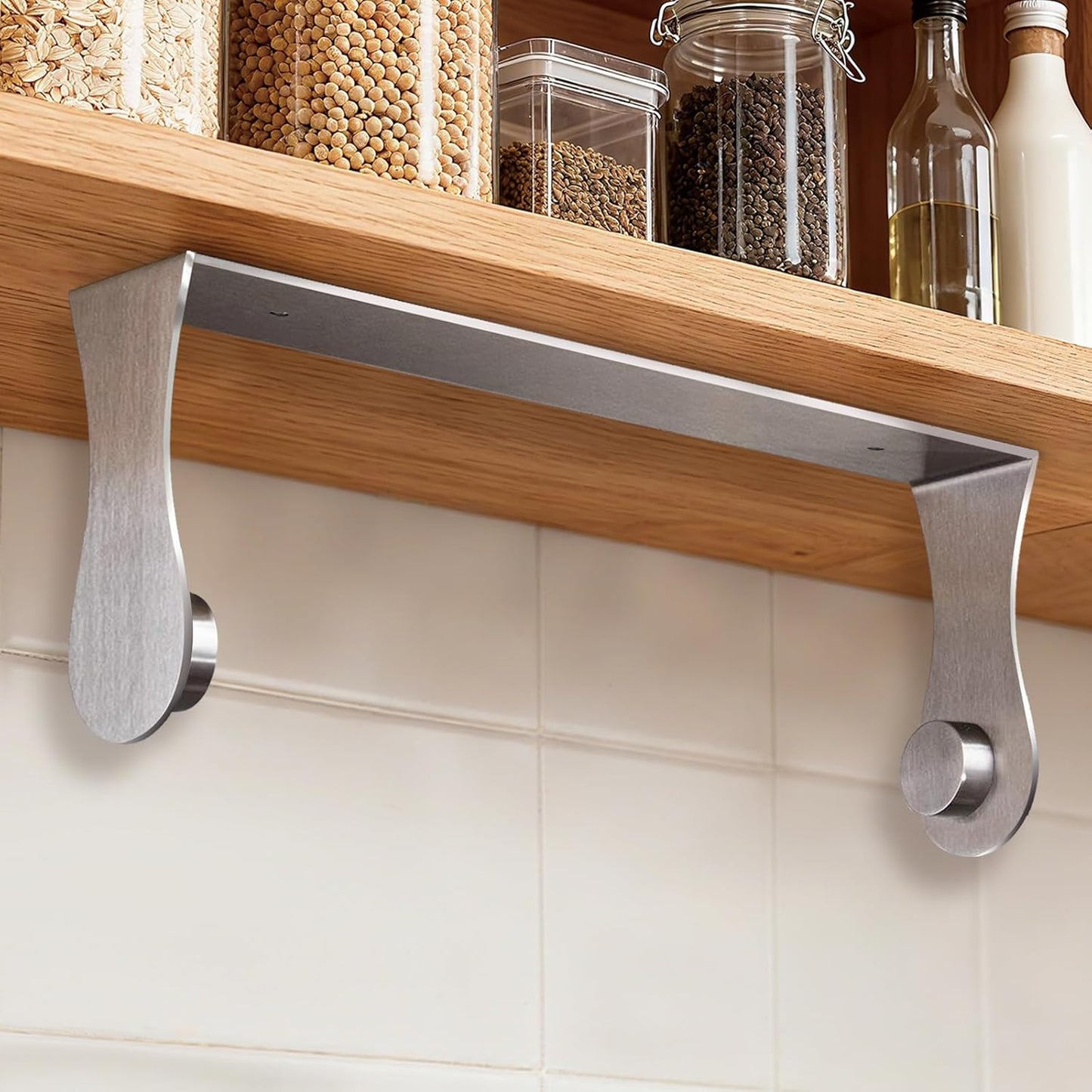 Paper Towel Holder Under Cabinet, Stainless Steel, Silver, Adhesive & Wall Mount