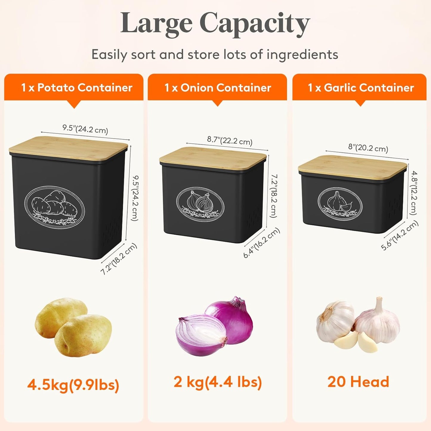 Potato and Onion Storage Bin, Stackable Garlic Keeper with Aerating Holes and Lid