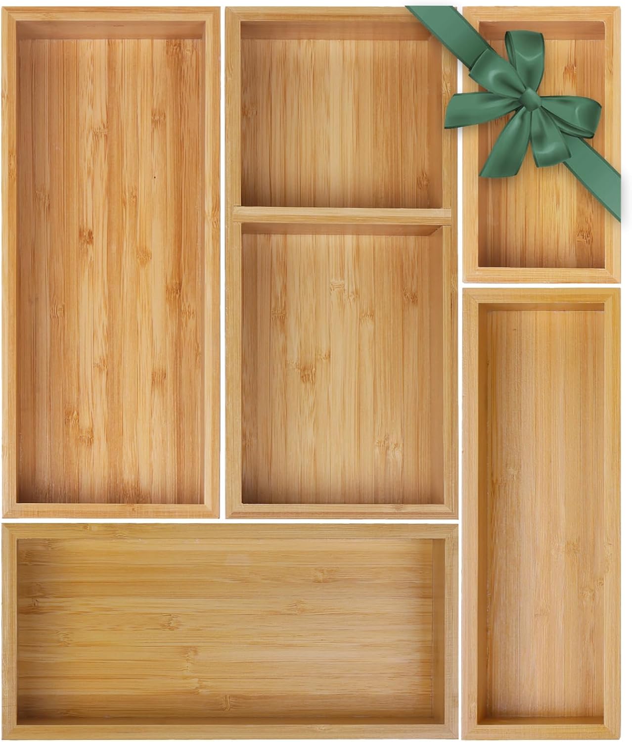 Bamboo Drawer Organizer Set, 5 PCS Multi-Use Individual Wood Storage Organizers