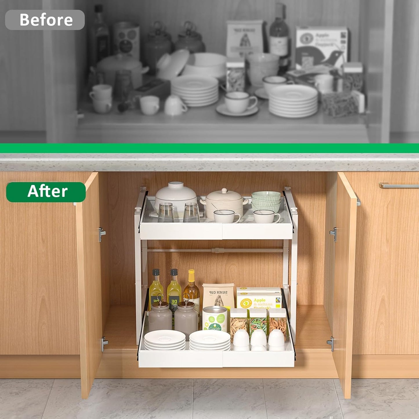 2 Tier Pull Out Cabinet Organizer, 21 inch Depth Slide Out Shelves