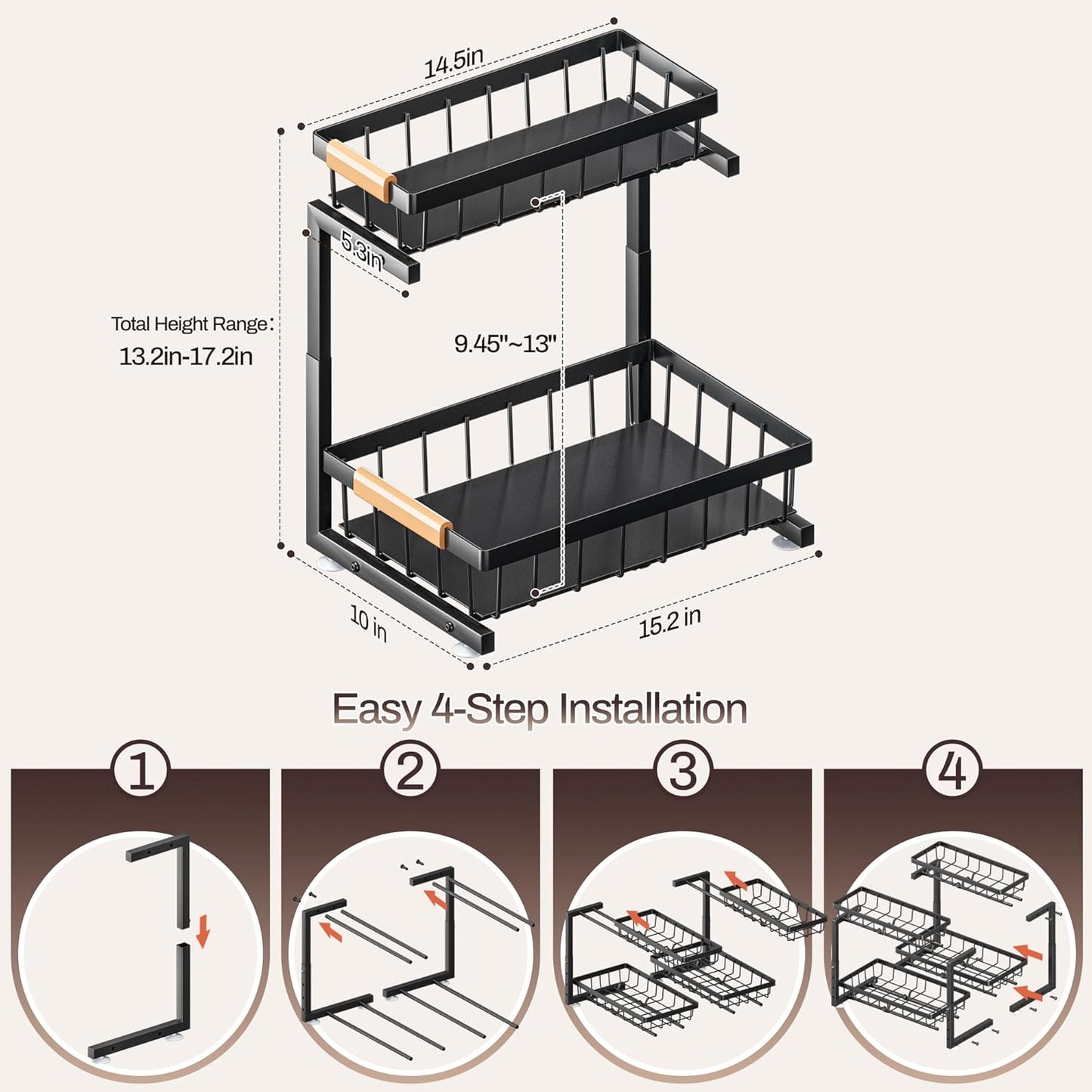 Under Sink Organizer, 2 Pack 2 Tier Expandable Height (13.2"