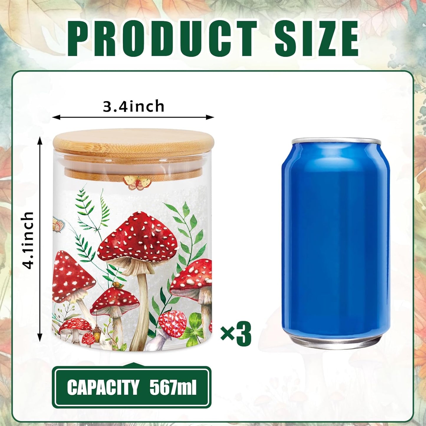 3Pcs Mushroom Forest Glass Storage Jars with Airtight Lid Fern Butterfly Decorative Sugar Canisters Sets for Cookie Spice Home Kitchen Organizers Countertop