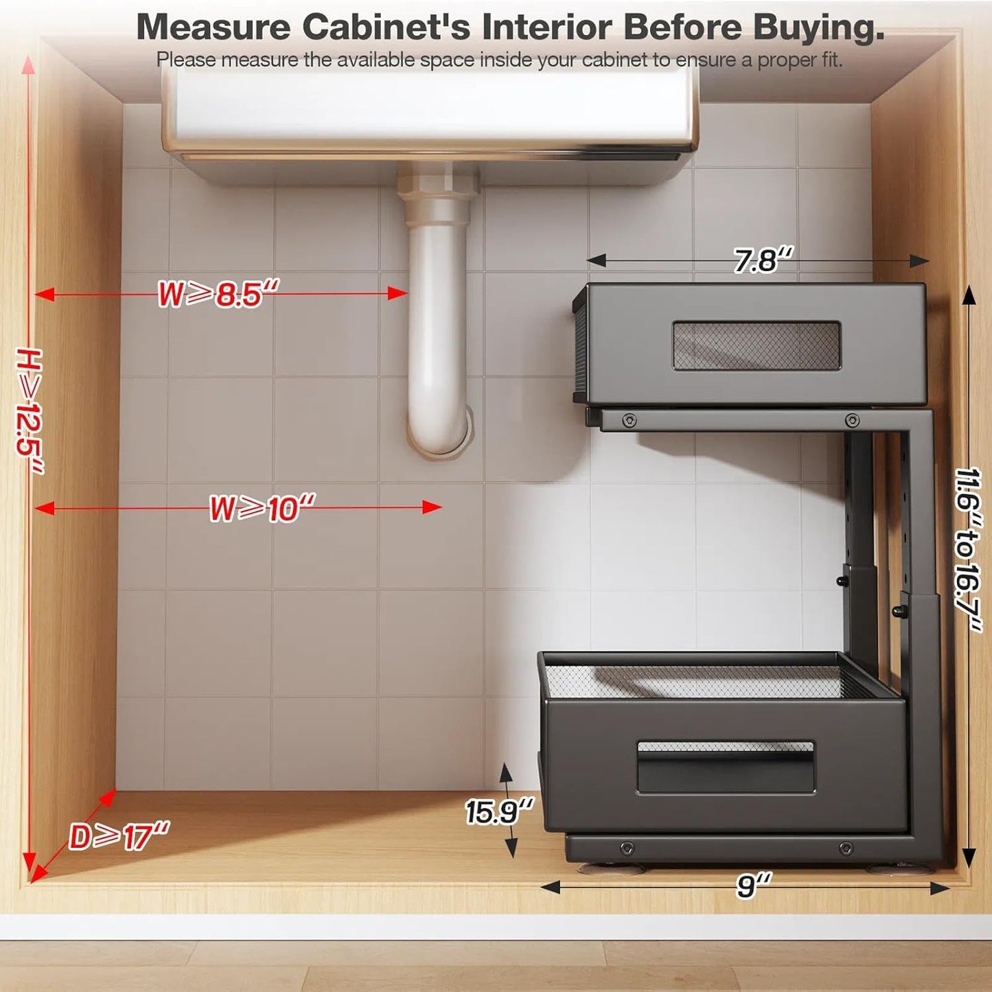 Under Sink Organizer, 2-Tier Dual Pull Out Cabinet Organizer Drawers With Smooth Circular Rail