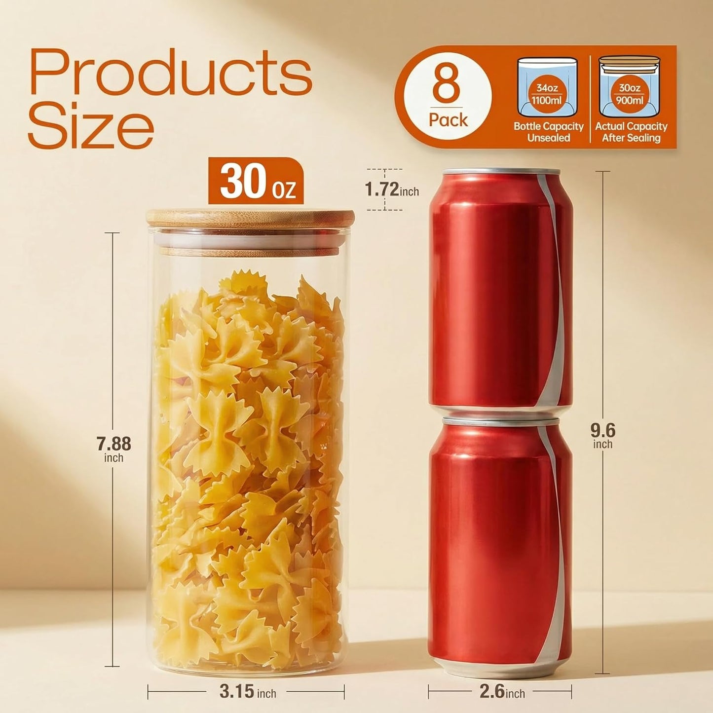 Glass Jars with Bamboo Lids 28 floz [Set of 8], Glass Canisters with Airtight Lids