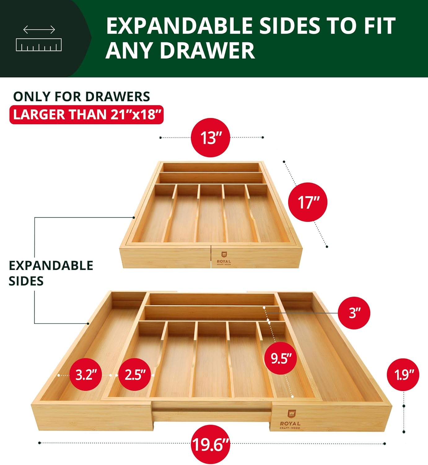 Luxury Bamboo Kitchen Drawer Organizer - Silverware Organizer