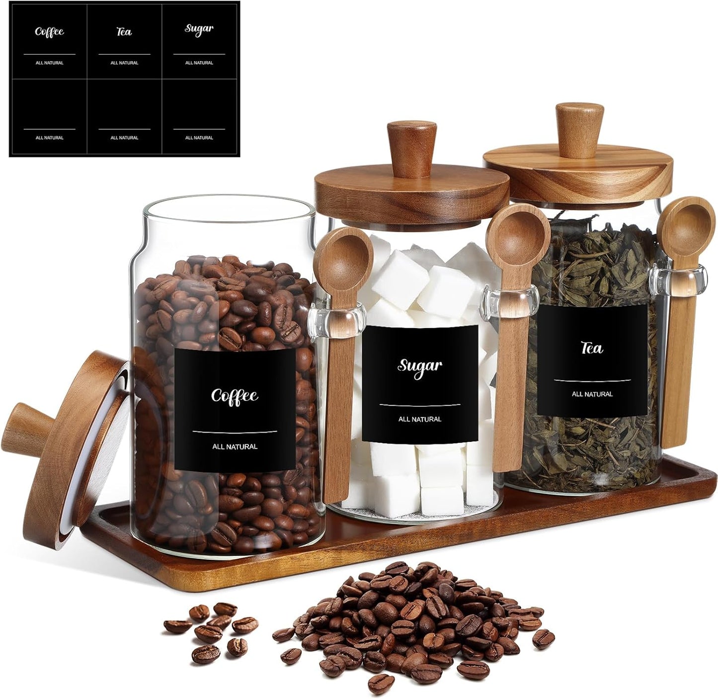 3 Pcs Glass Coffee Container with Wooden Lid Spoon Shelf Labels Clear Airtight Jar Food Storage Canister Set for Sugar Spice Coffee Bean Holder Housewarming Gift(25 oz,Acacia Brown)
