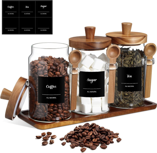 3 Pcs Glass Coffee Container with Wooden Lid Spoon Shelf Labels Clear Airtight Jar Food Storage Canister Set for Sugar Spice Coffee Bean Holder Housewarming Gift(25 oz,Acacia Brown)