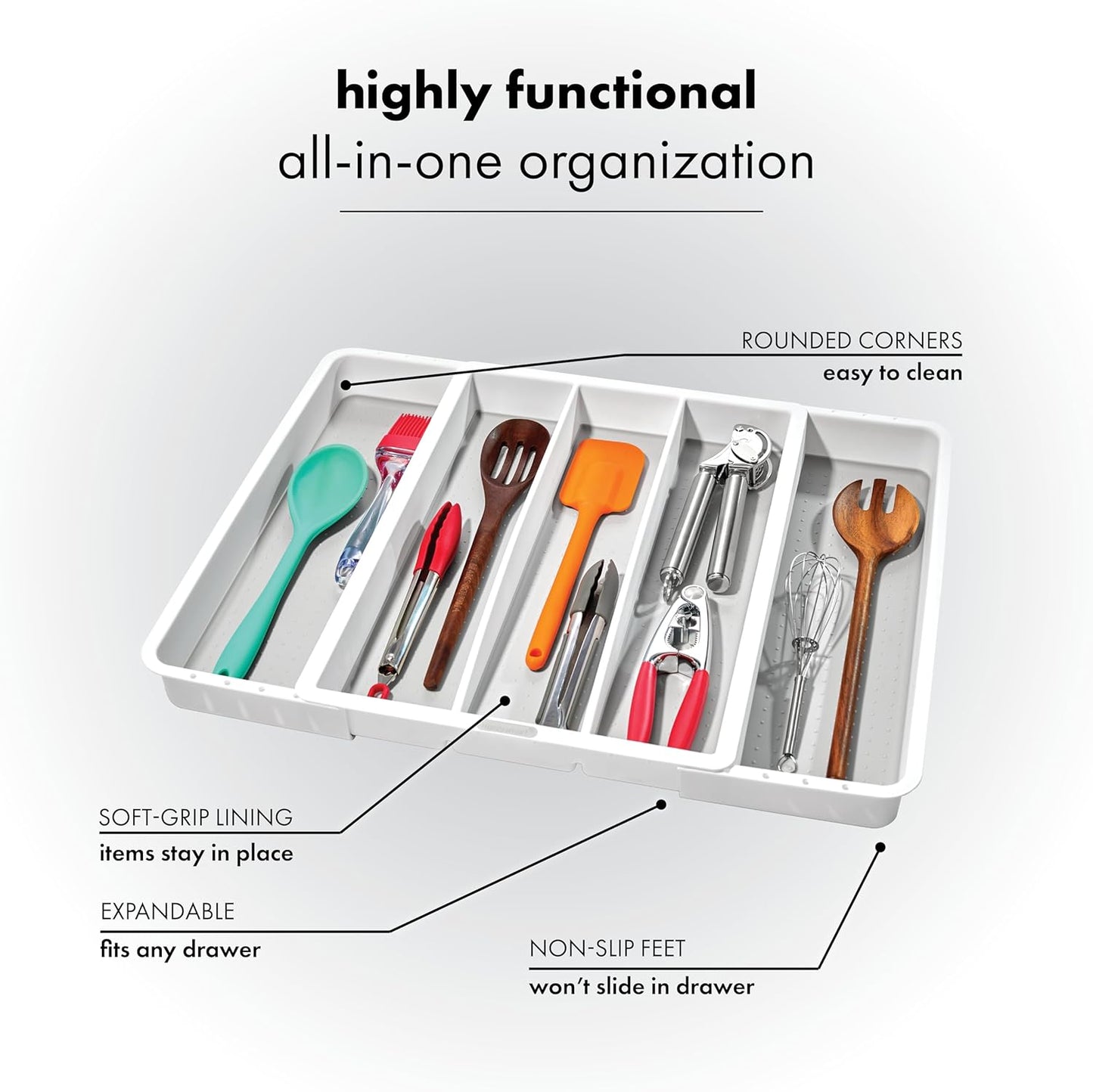 Expandable Utensil Tray-White | Classic Collection | 5-Compartments | Kitchen Organizer | Soft-Grip Lining and Non-Slip Rubber Feet | Easy to Clean | BPA-Free