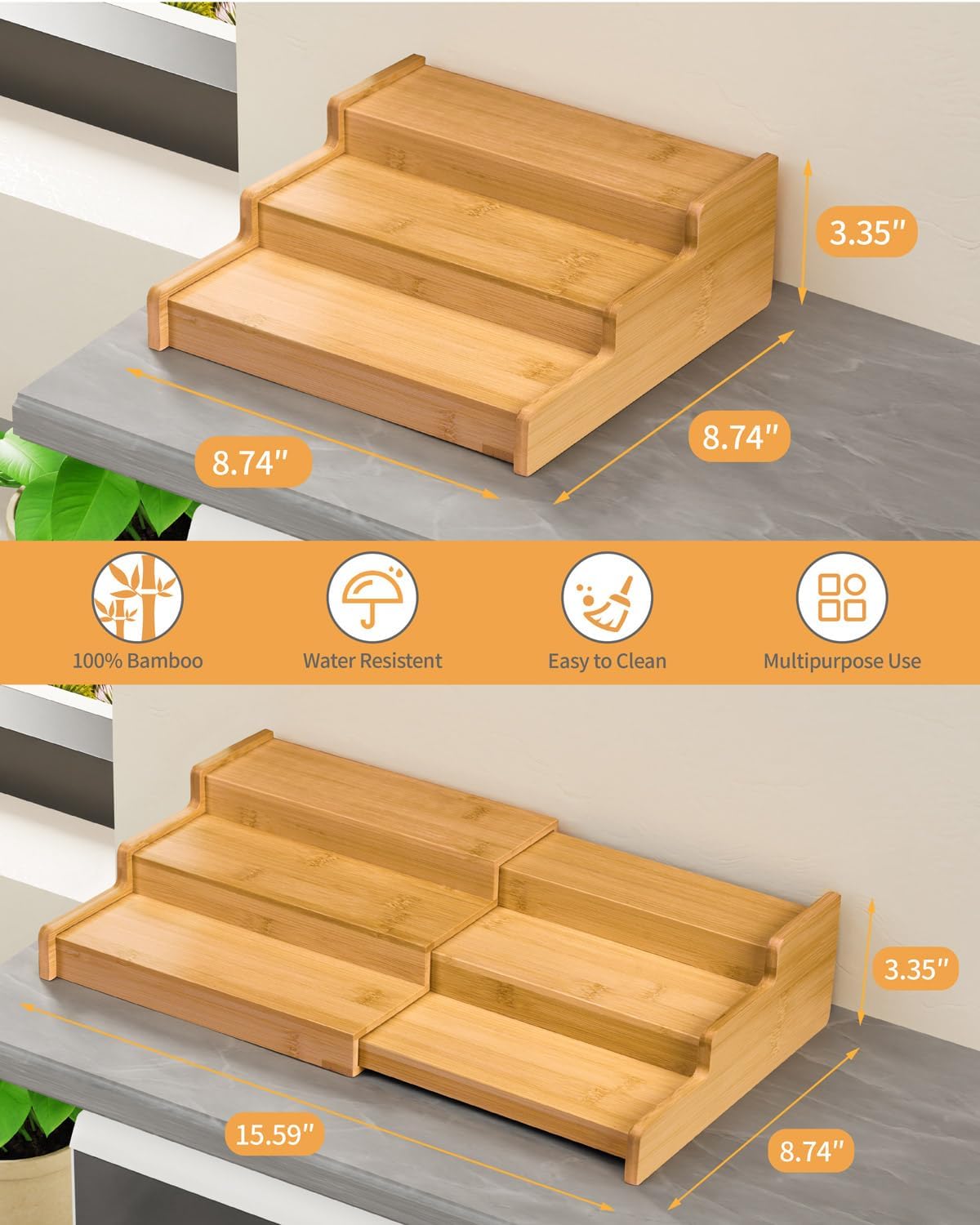 Spice Rack, 3-Tier Expandable Bamboo Spice Rack Organizer for Cabinet, Kitchen