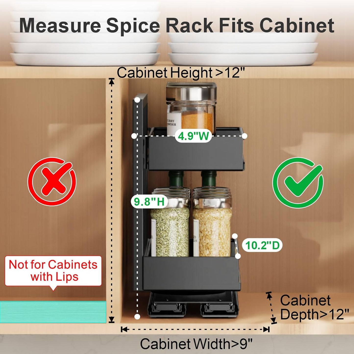 2 Pack Pull Out Spice Rack - Rotate Peel and Stick No-Drill Vertical Spice Rack Organizer for Cabinet Easy Access Spices, Adjust Height for 4oz to 8oz Spice Jars, Fits Small Pantry Cabinet