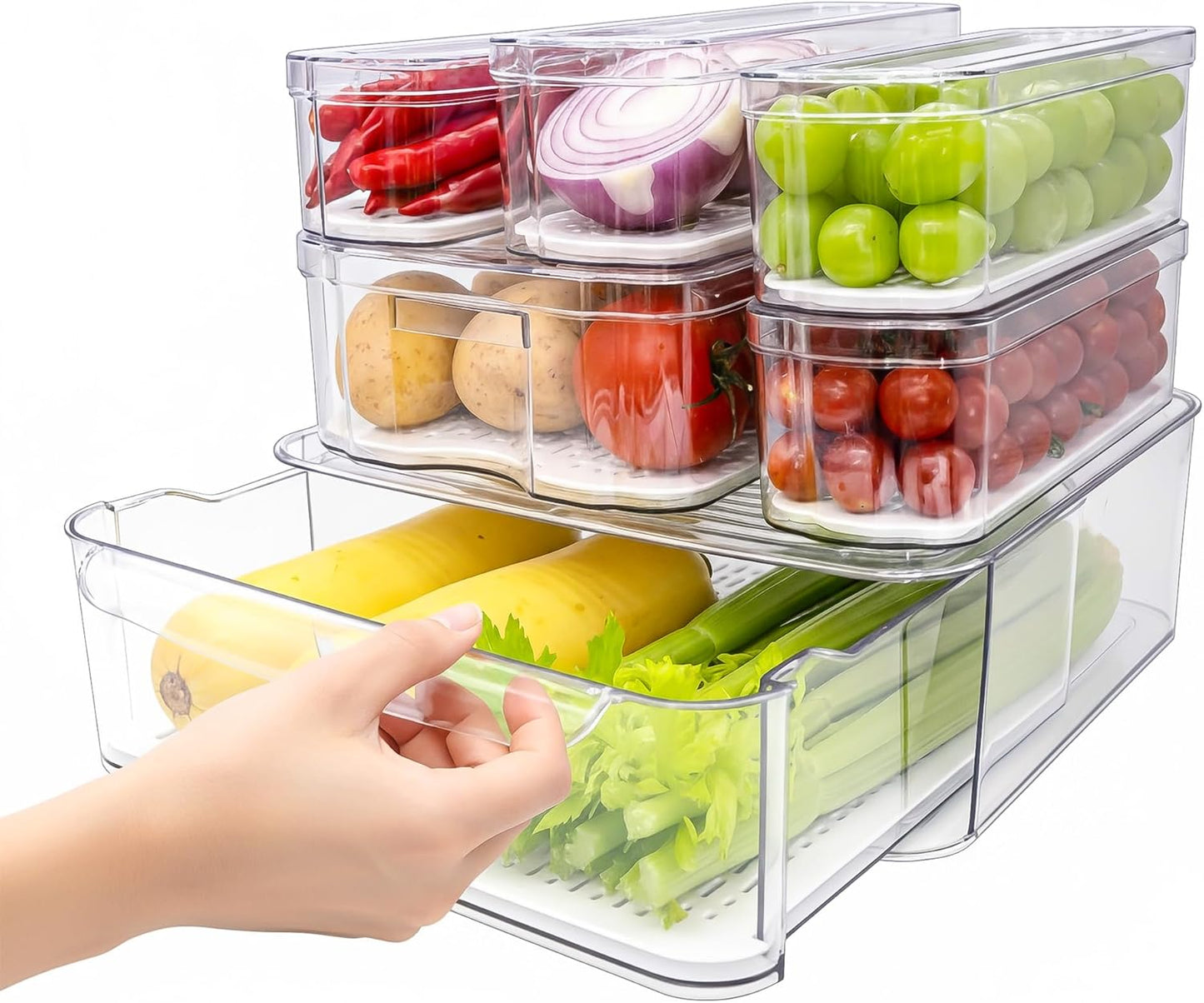 6 Pack Refrigerator Organizers, Clear Pull-out Drawer Container and Organizer Bins with Lids