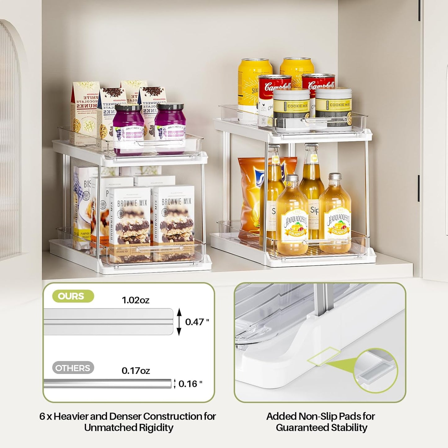2-Tier Bathroom Under Sink Organizers and Storage, Pull Out Cabinet Drawers with Anti-Slip Design