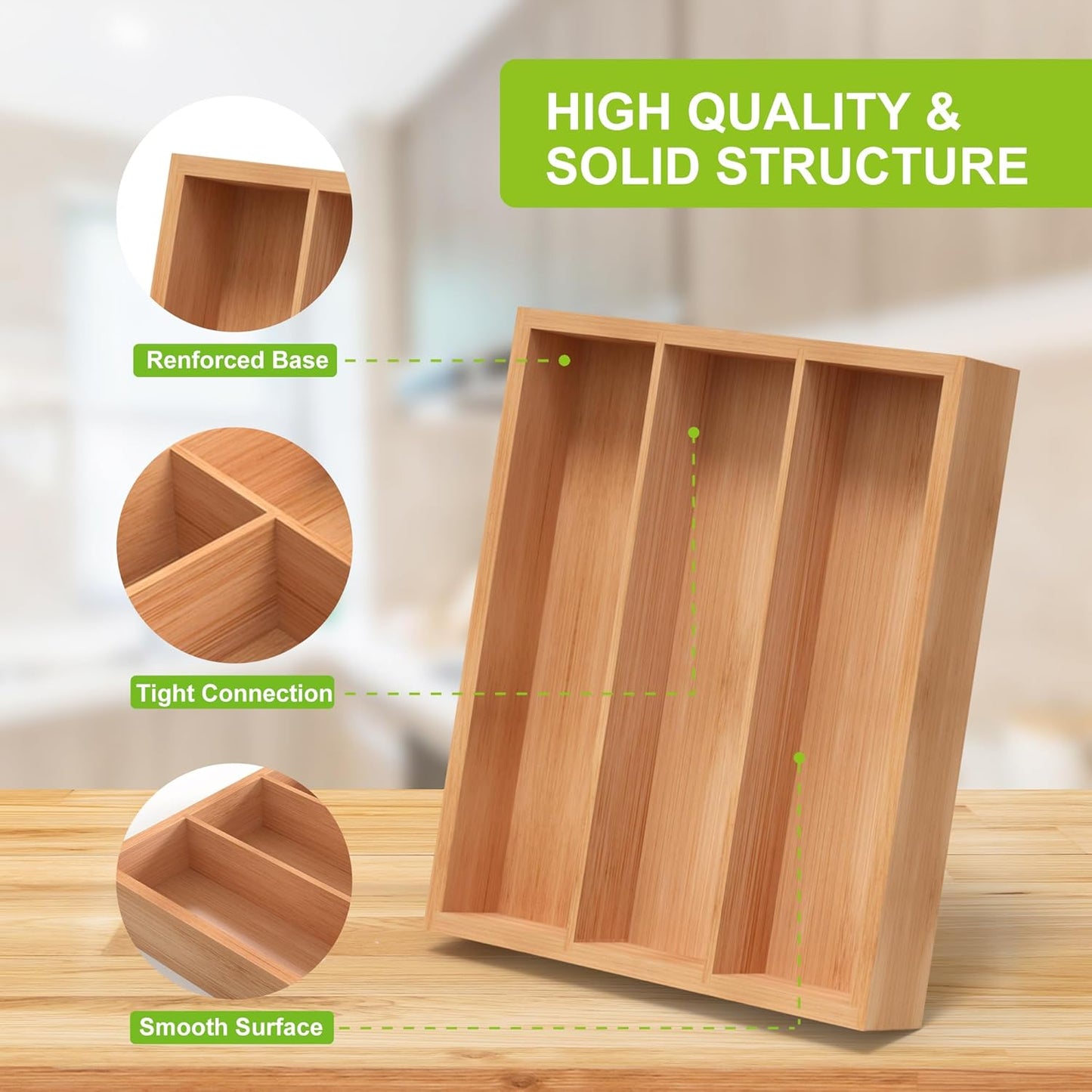 Bamboo Utensil Drawer Organizer, Silverware Tray Organizer