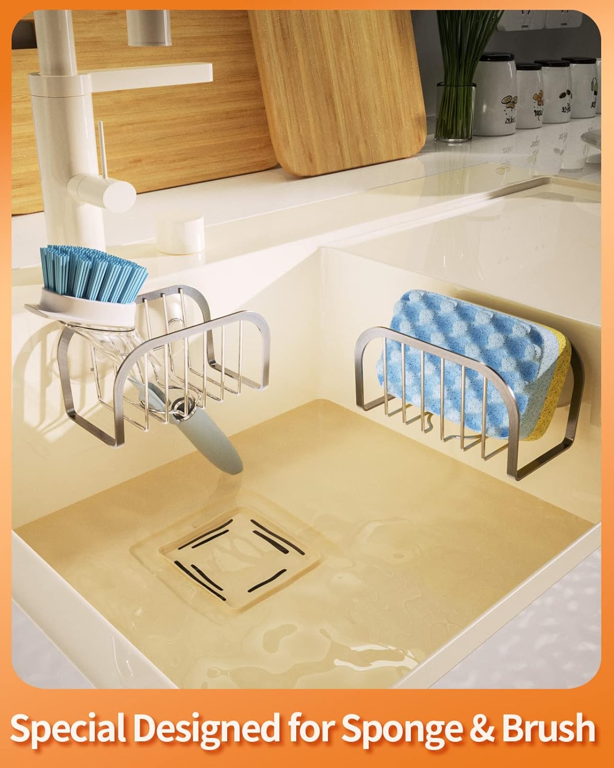 Sponge Holder for Kitchen Sink, Movable Sink Sponge Holder with Suction Cups Stainless Steel Sink Caddy Suction Cup for Sponge & Brush, Silver