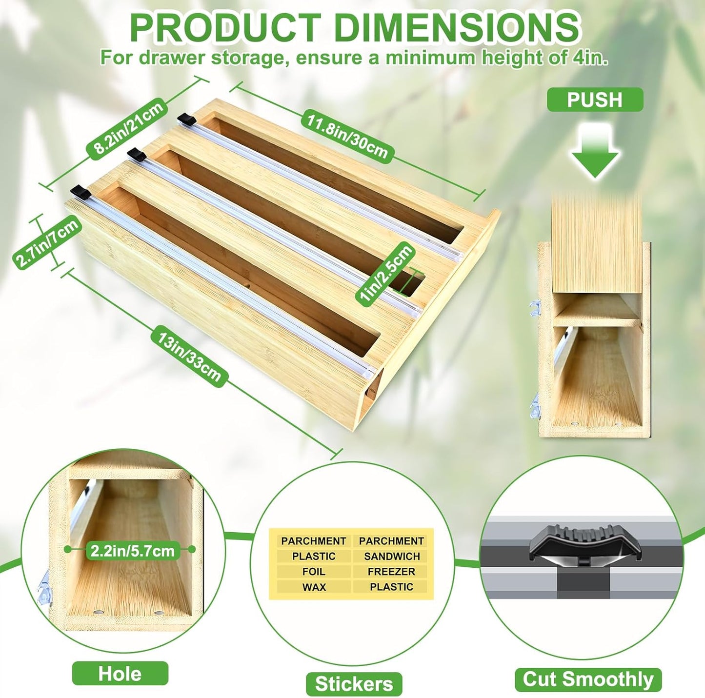 Magnetic Plastic Wrap Dispenser with Cutter, 3 in 1 Refrigerator Bamboo Organizer for Tin Foil