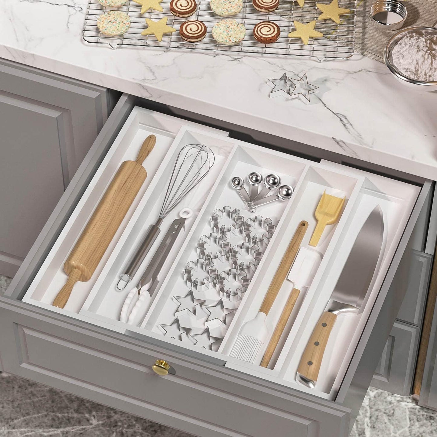 Utensil Organizer for Kitchen Drawers - Bamboo Silverware Tray Expandable 5 Slots Drawer Organizer for Office and Pantry Supplies W13.7-19.9" x L17.6 X H2.5 (White)