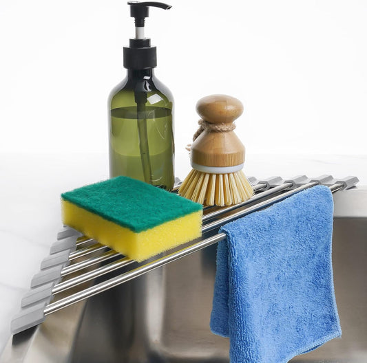 Triangle Roll-Up Dish Drying Rack for Sink Corner Small Foldable Stainless Steel Over The Sink Multipurpose Kitchen Drainer Caddy Organizer Storage Space Saver Shelf Holder (Gray)