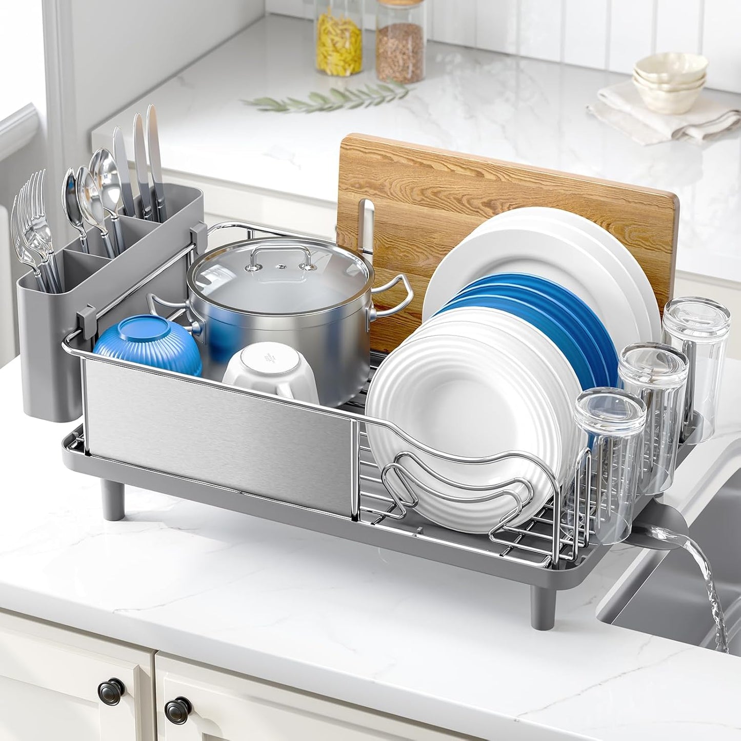 Stainless Steel Dish Drying Rack - Large Capacity Kitchen Counter Organizer with Drain Board