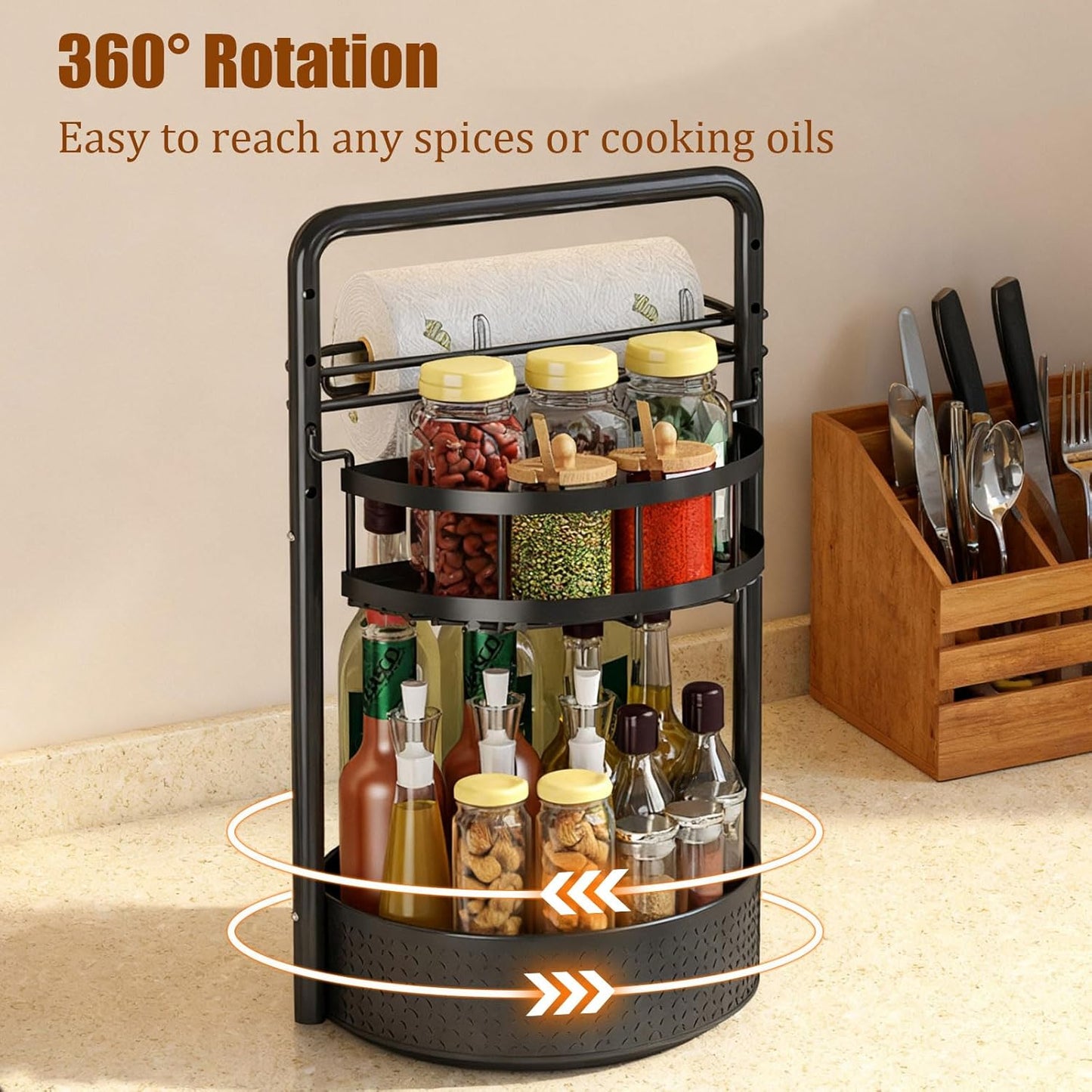 Rotating Spice Rack with Paper Towel Holder, 2 Tier Lazy Susan for Spices