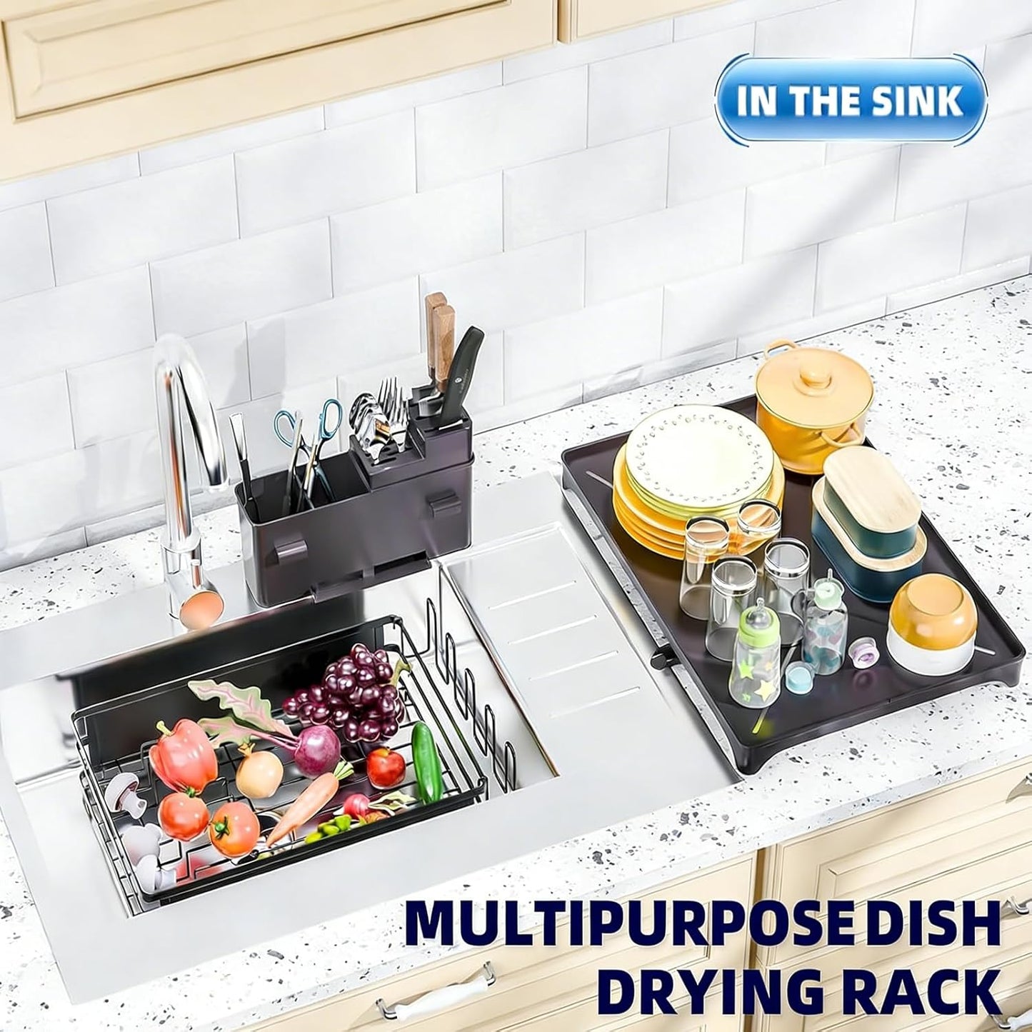 Dish Drying Rack, Dish Drainer for Kitchen Counter, Dish Rack with Tray for Large Capacity, Black