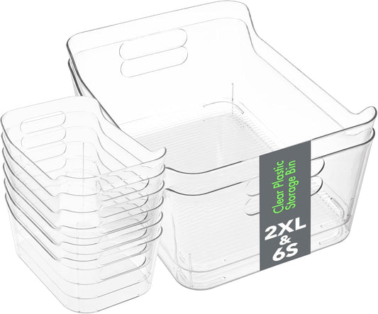 Set of 8 Clear Plastic Storage Bins, 2 Extra Large and 6 Small Storage Containers for Pantry Organization, Multi-Use Organizer Bins for Home, Kitchen, Cabinet, Bathroom, Fridge & Freezer