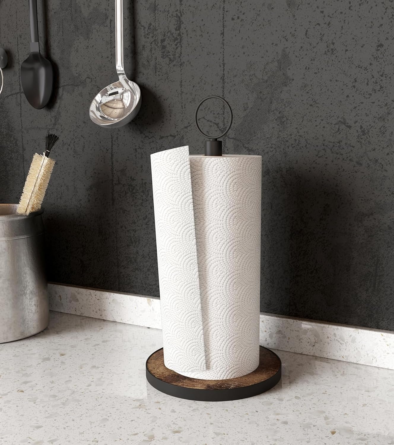 Paper Towel Holder Countertop with Heavy Duty Wood Base