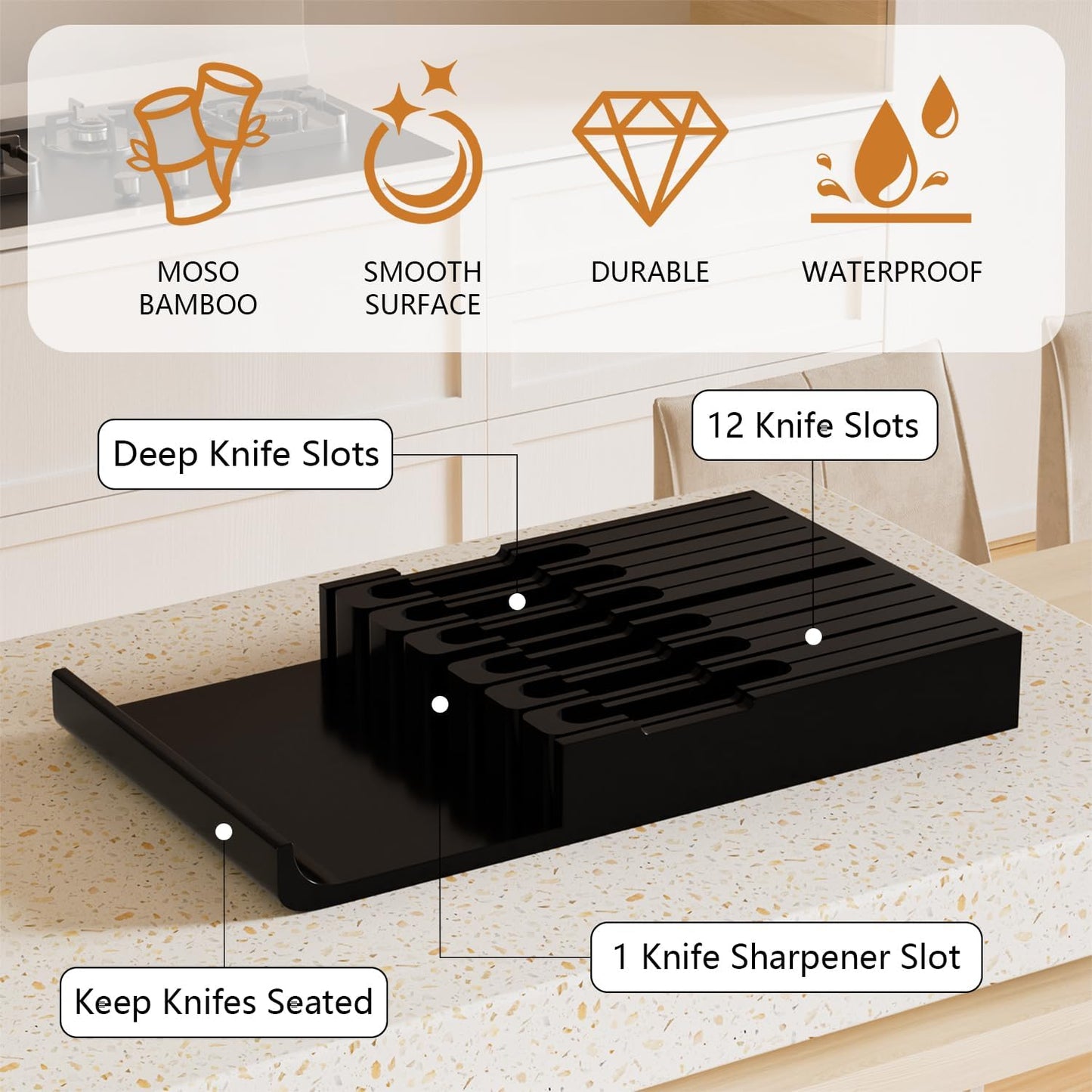 Bamboo In-Drawer Knife Block - Kitchen Drawer Organizer Insert, Steak Knife Holder without Knives