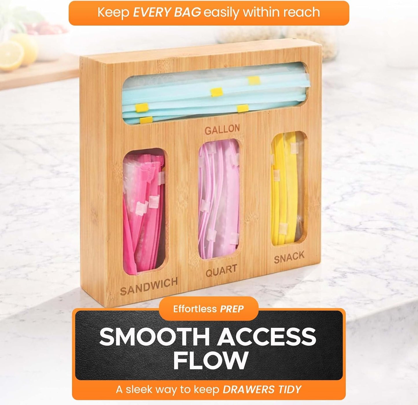 Earth’s Dreams Bamboo Kitchen Drawer Organizer – Resealable Food Storage Bag Holder for Gallon
