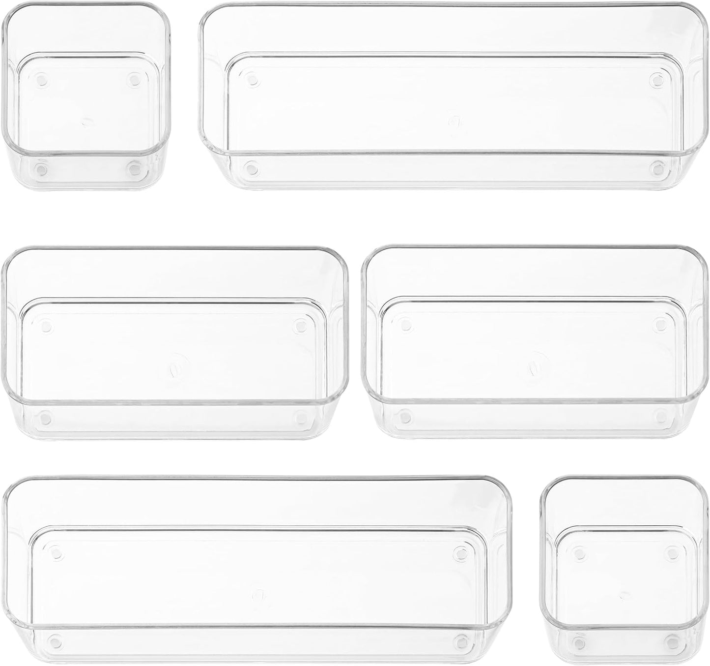 Six Pieces - Clear Plastic Drawer Organizer Bins - Stackable, Non-Slip, 3 Sizes