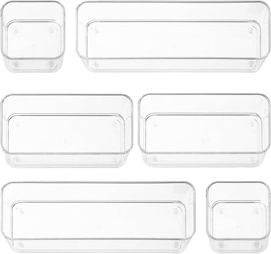 Six Pieces - Clear Plastic Drawer Organizer Bins - Stackable, Non-Slip, 3 Sizes
