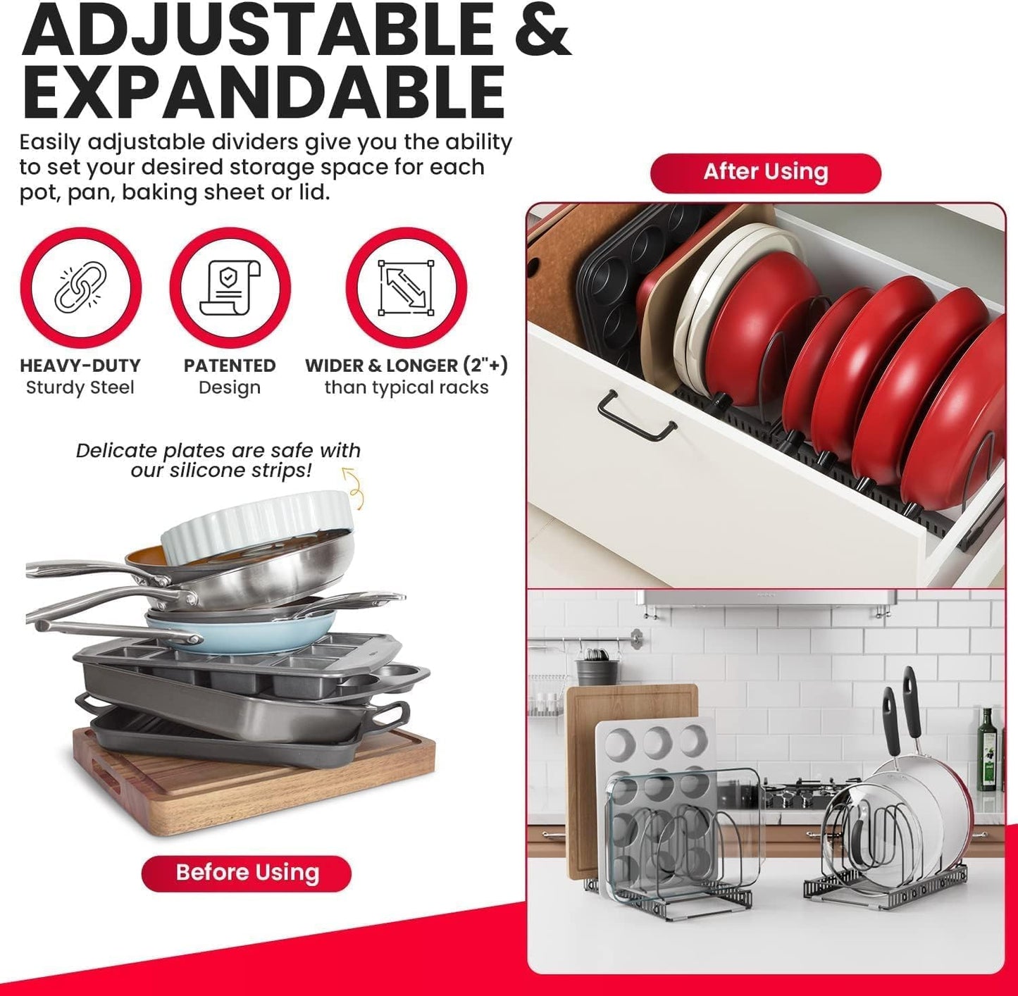 7.5” Wide 12-Slot Adjustable Large Pan and Pot Lid Organizer with Scratch-Free Pads