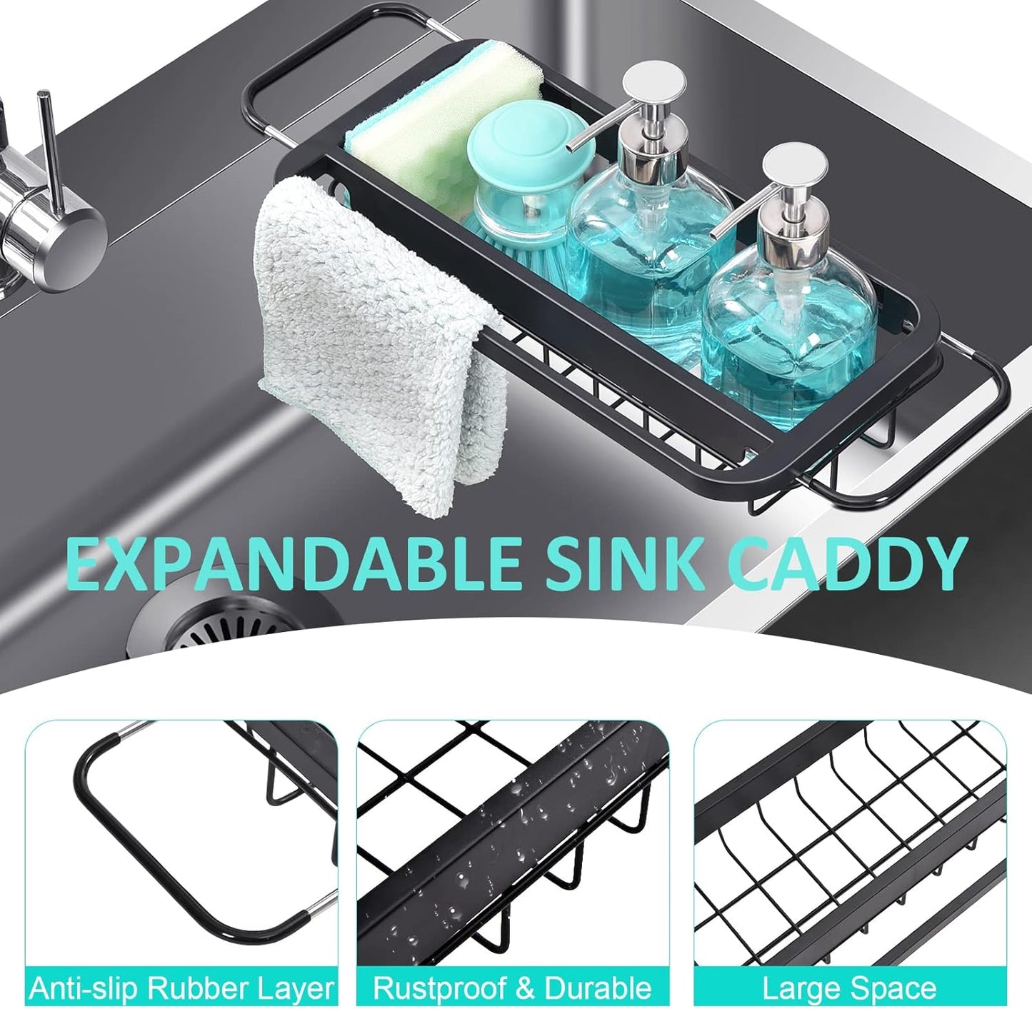 Expandable Sink Caddy with Dish Towel Bar, Adjustable Over-The-Sink Organizer for Kitchen