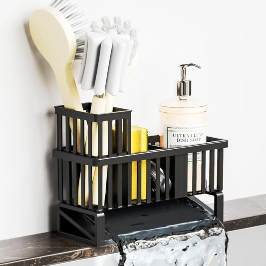 Rustproof Kitchen Sink Caddy Organizer,Plastic Scrubber,Dish Sponge Holder,Dish Soap Rack & Dispenser,Multifunctional Sponge Drain Rack,Dish Soap Caddy & Storage Organization Accessories,Black
